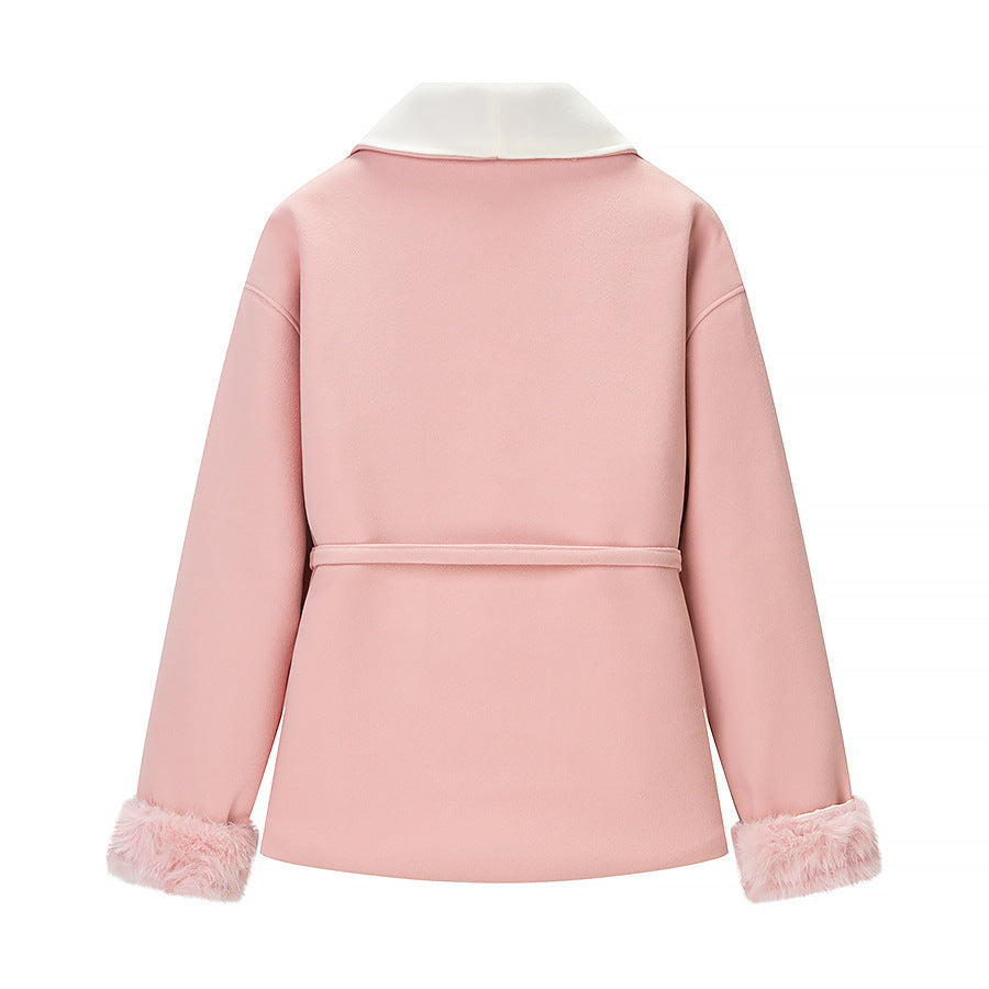 Damen Kurzblazer‑Mantel mit Kimono‑Schalkragen, Taillengürtel und Kunstfell‑Bündchen Shop Nory