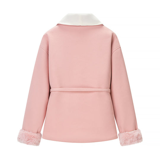 Damen Kurzblazer‑Mantel mit Kimono‑Schalkragen, Taillengürtel und Kunstfell‑Bündchen Shop Nory