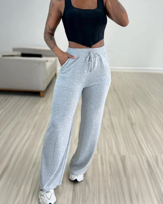Damen hochgeschnittene Loungehose mit weitem Bein, Kordelzug und Seitentaschen Shop Nory