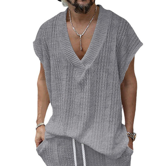 Herren nan kastiges Stricktop aus grobem Strick mit tiefem V-Ausschnitt und Strukturmuster