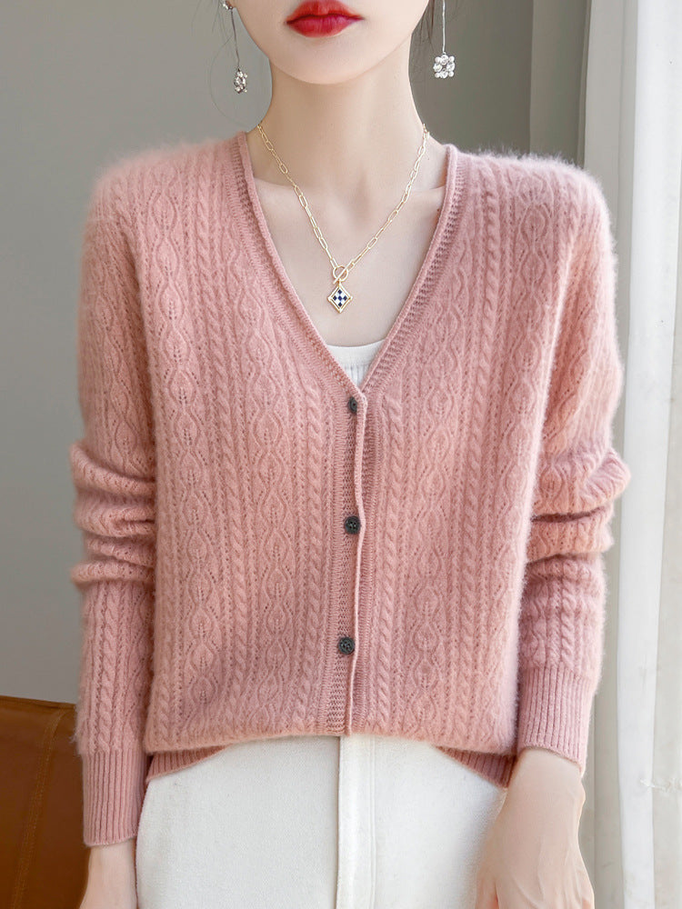 Damen Kurzer Zopfmuster-Cardigan im Mohair-Look mit V‑Ausschnitt und gerippten Bündchen Shop Nory