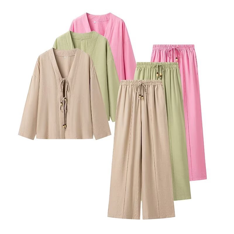 Damen Zweiteiliges Leichtes Lounge-Set mit V‑Ausschnitt, Tunnelzughose und weitem Bein Shop Nory