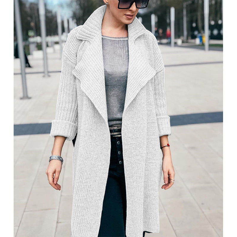 Damen Langer Offener Strickmantel mit Schalkragen und Umschlagärmeln Shop Nory
