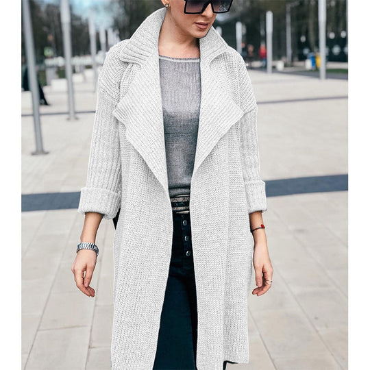 Damen Langer Offener Strickmantel mit Schalkragen und Umschlagärmeln Shop Nory