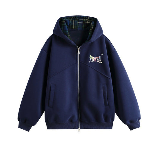 Damen Kapuzen-Sweatjacke im Boxy-Schnitt mit kariert gefütterter Kapuze und dezenter Stickerei Shop Nory