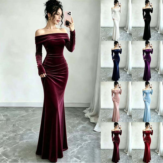 Damen Langes Samtabendkleid mit Carmenausschnitt und tiefem Rückenausschnitt Shop Nory