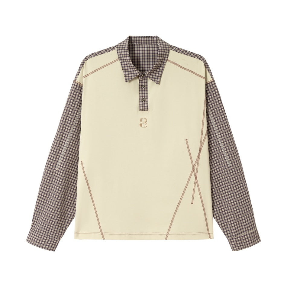 Unisex Oversize Langarm-Poloshirt mit karierten Ärmeln, Hemdkragen und dekorativen Steppnähten Shop Nory