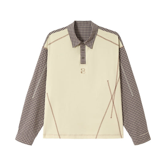 Unisex Oversize Langarm-Poloshirt mit karierten Ärmeln, Hemdkragen und dekorativen Steppnähten Shop Nory