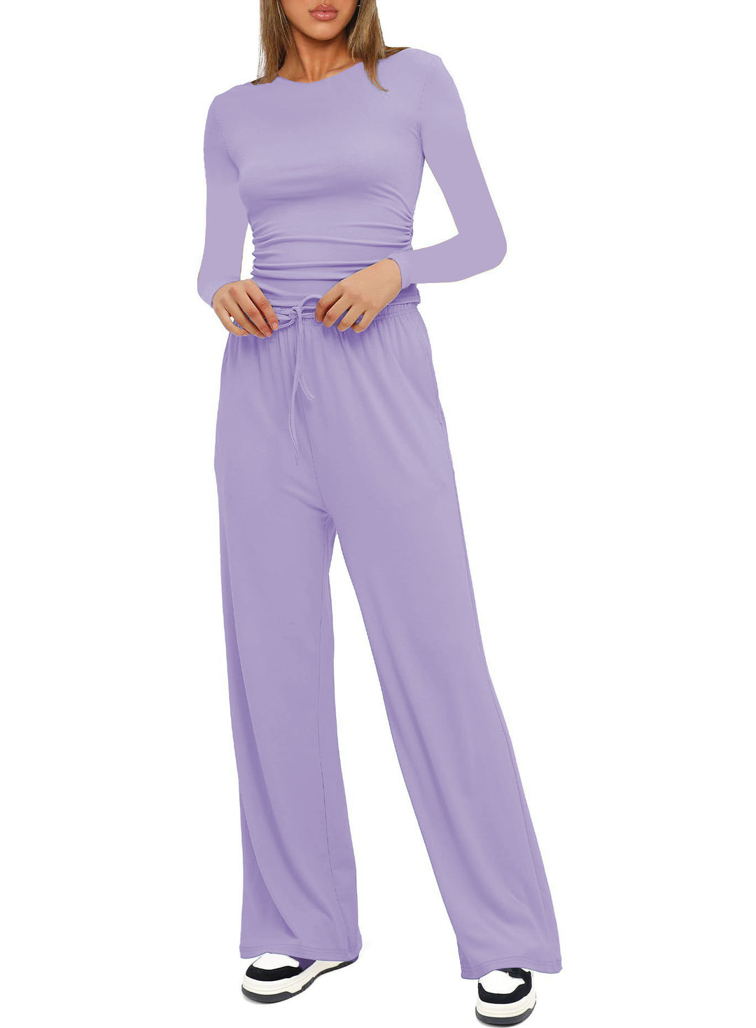 Damen Figurbetontes Longsleeve mit seitlicher Raffung und High-Waist Palazzo-Jogginghose Set Shop Nory