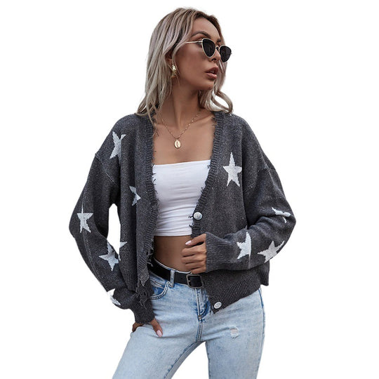 Damen Lässiger Cardigan mit Sternenprint und Knopfdetails Shop Nory
