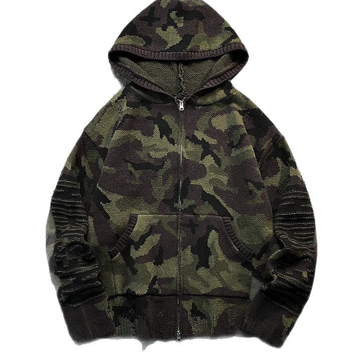 Herren Strick-Kapuzenjacke im Camouflage-Look mit Reißverschluss und used-Details Shop Nory