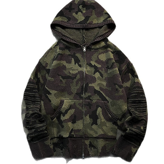 Herren Strick-Kapuzenjacke im Camouflage-Look mit Reißverschluss und used-Details Shop Nory