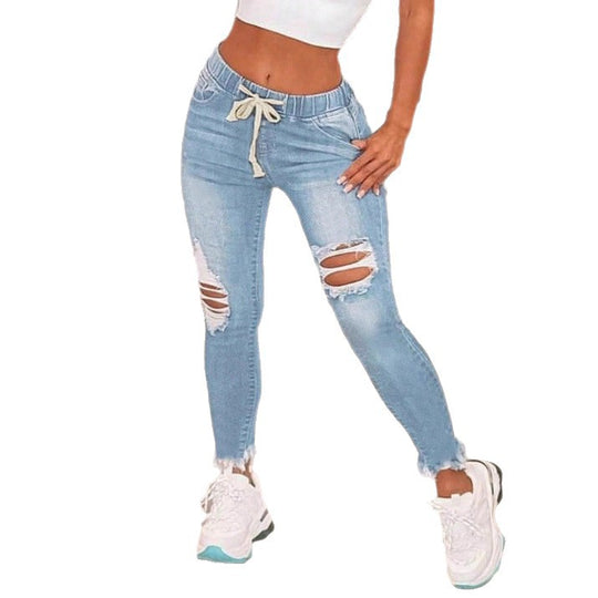 Damen Hochtaillierte Slim-Jogger-Jeans mit Destroyed-Einsätzen und Kordelzug Shop Nory