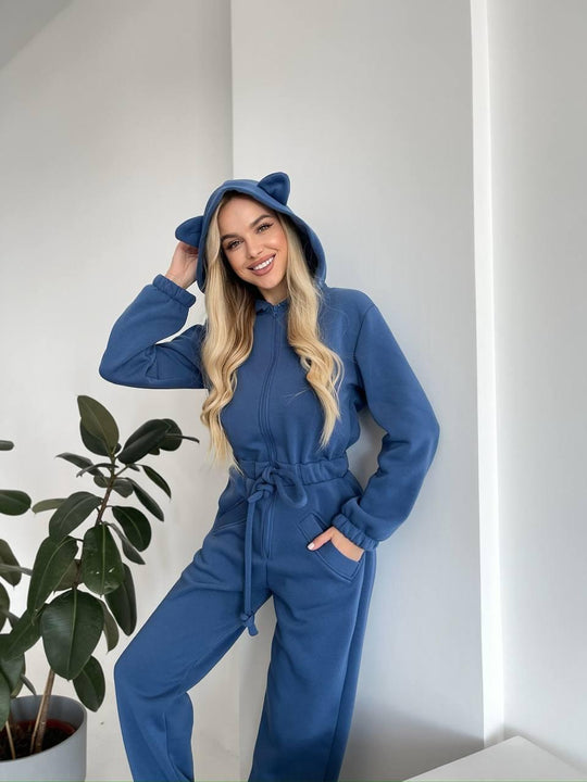 Damen Kuscheliger Kapuzen-Overall mit Katzenohren und Taillenzug Shop Nory