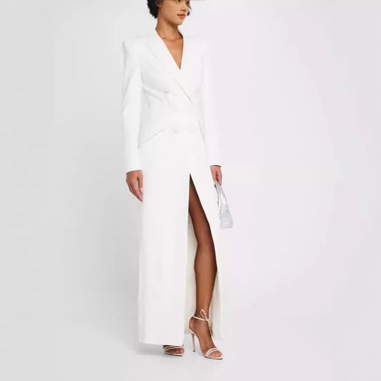 Damen Blazerkleid Maxikleid mit Doppelreiher, taillierter Silhouette und hohem Frontschlitz Shop Nory