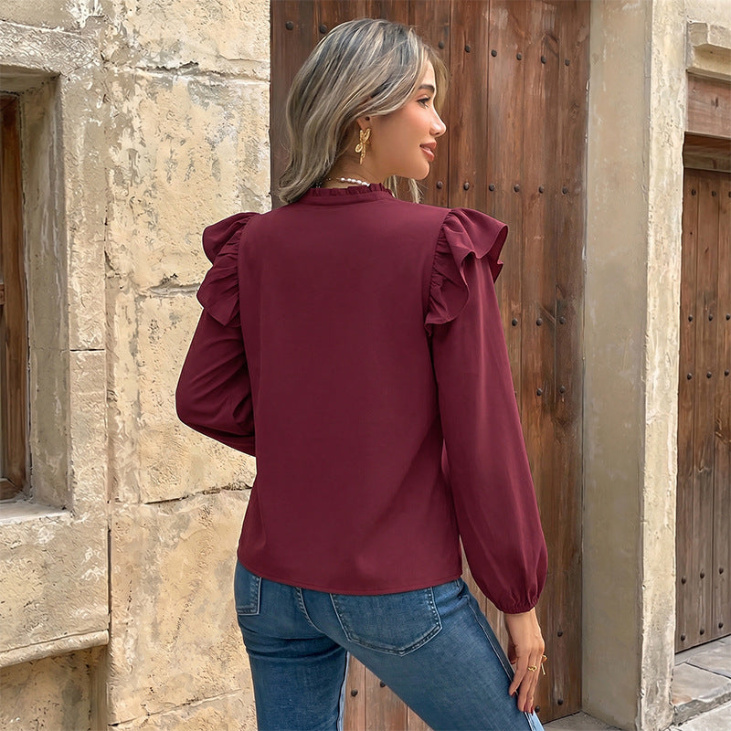 Damen Rüschenbluse mit Stehkragen, V-Ausschnitt und dekorativer Knopfleiste Shop Nory