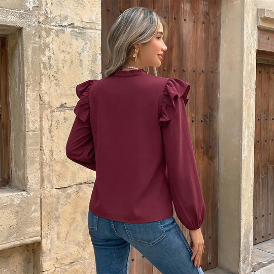 Damen Rüschenbluse mit Stehkragen, V-Ausschnitt und dekorativer Knopfleiste Shop Nory