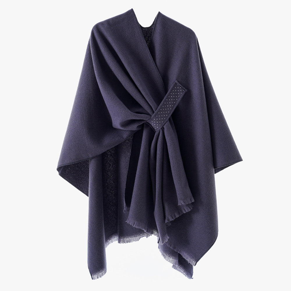 Damen Eleganter Wickel-Umhang aus Wollmischung mit Taillenschärpe und Fransensaum Shop Nory