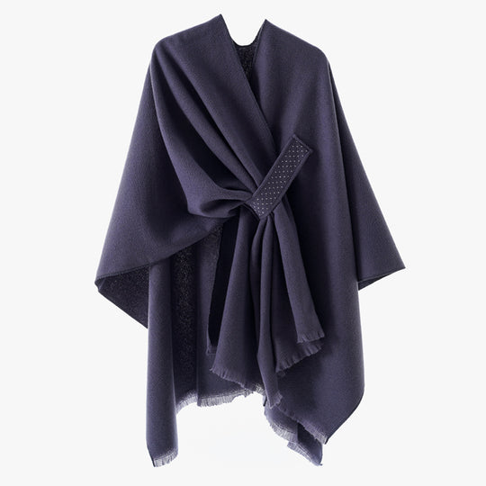 Damen Eleganter Wickel-Umhang aus Wollmischung mit Taillenschärpe und Fransensaum Shop Nory