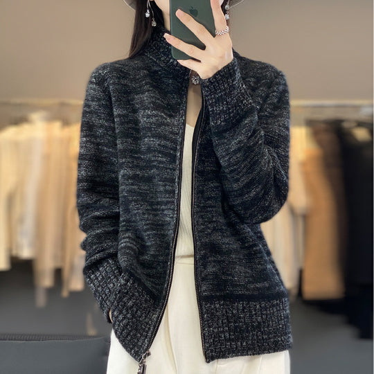 Damen Reißverschluss‑Strickjacke mit melierter Struktur und Stehkragen Shop Nory