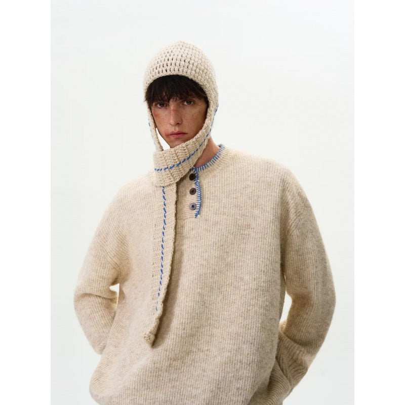 Herren Grobstrick-Henley-Pullover mit Bouclé-Optik und kontrastierten Bündchen Shop Nory