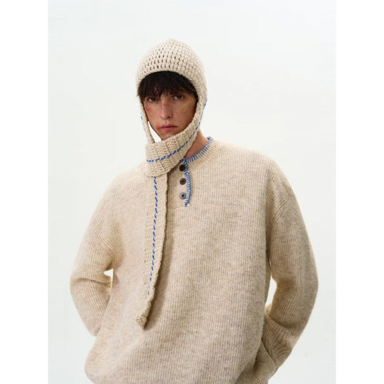 Herren Grobstrick-Henley-Pullover mit Bouclé-Optik und kontrastierten Bündchen Shop Nory