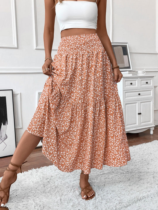 Damen Langer Rock mit floralem Print und elastischem Bund