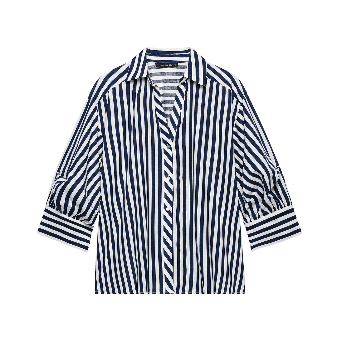 Damen Oversized Hemdbluse mit maritimem Nadelstreifen und dreiviertellangen Ballonärmeln Shop Nory