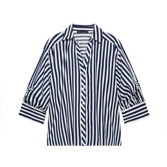 Damen Oversized Hemdbluse mit maritimem Nadelstreifen und dreiviertellangen Ballonärmeln Shop Nory