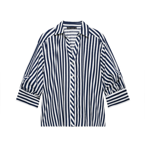 Damen Oversized Hemdbluse mit maritimem Nadelstreifen und dreiviertellangen Ballonärmeln Shop Nory