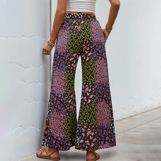 Damen Weite High-Waist Palazzo-Hose mit floralem Patchworkprint, Tunnelzug und Seitentaschen Shop Nory