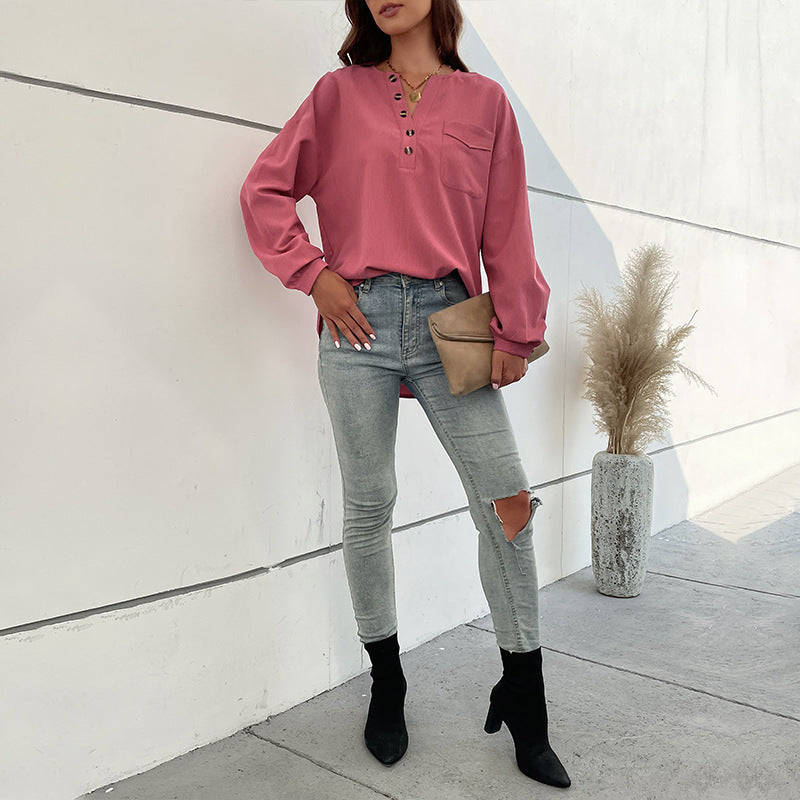 Damen Texturiertes Henley-Blusenshirt mit Knopfleiste und Brusttasche Shop Nory