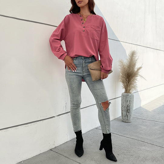 Damen Texturiertes Henley-Blusenshirt mit Knopfleiste und Brusttasche Shop Nory