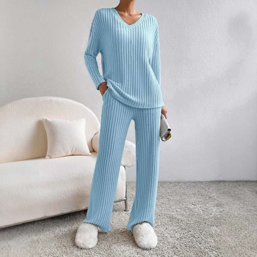 Frauen Rippstrick Lounge Set aus weichem Strick mit V-Ausschnitt und weitem Bein Shop Nory