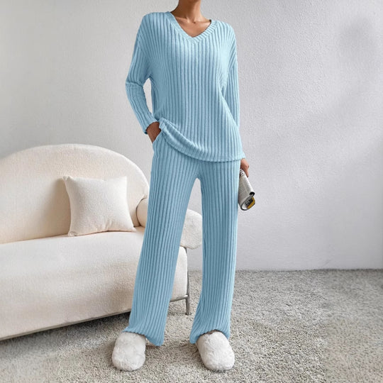 Frauen Rippstrick Lounge Set aus weichem Strick mit V-Ausschnitt und weitem Bein Shop Nory