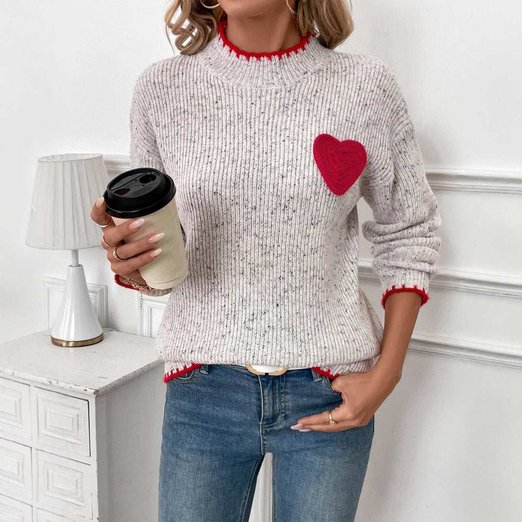 Damen Gerippter Feinstrick-Pullover mit Herz‑Applikation und kontrastierter Saumkante Shop Nory