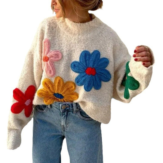Damen Boxy-Strickpullover mit bunten 3D-Blumenapplikationen Shop Nory