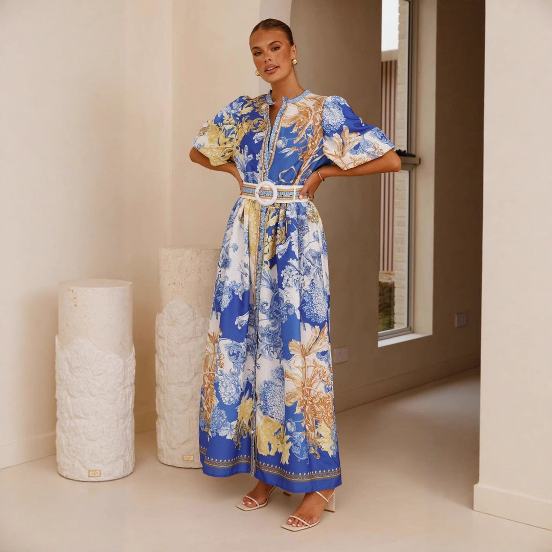 Damen Maxikleid mit floralem Knopfleisten-Design und tailliertem Gürtel