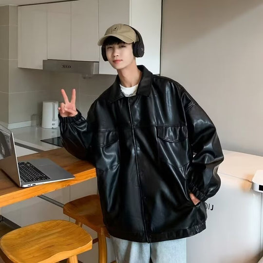 Herren Oversized PU-Leder-Shacket mit Pattentaschen und elastischen Bündchen Shop Nory