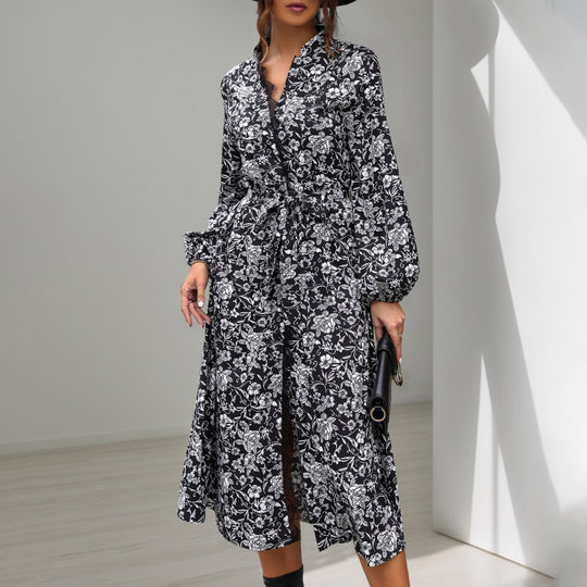 Damen Midikleid mit Spitzenbesatz am Ausschnitt, verdeckter Knopfleiste, Taillenbindegürtel & floralem Allover-Print Shop Nory