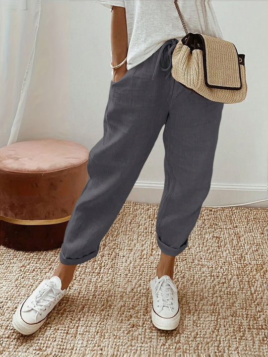 Damen Lässige Leinen-Hose mit elastischem Bund und praktischen Taschen