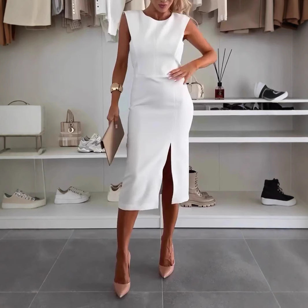 Damen Etuikleid mit asymmetrischem Ausschnitt und elegantem Schlitz