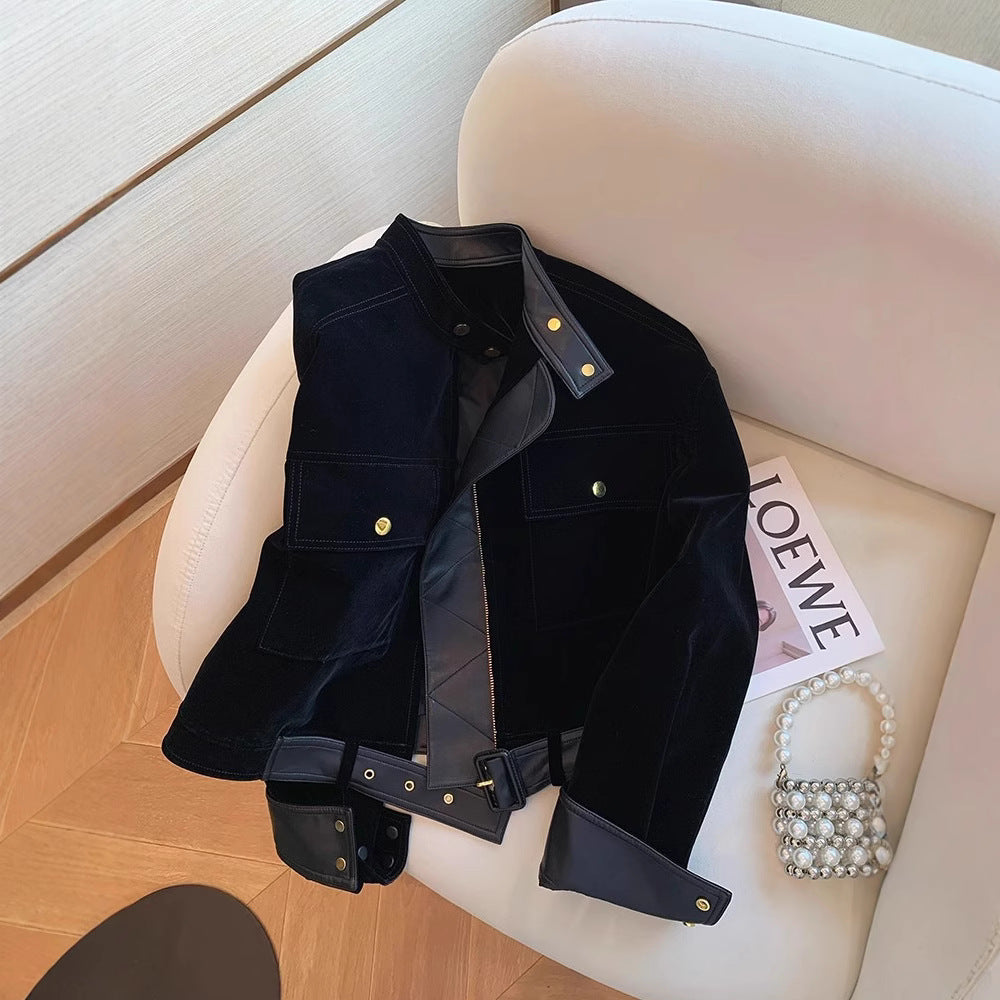 Damen Modische samtige Übergangsjacke mit Lederakzenten Shop Nory