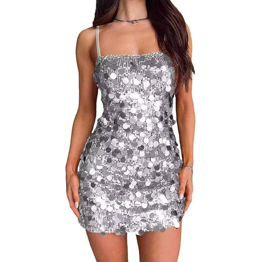 Damen Glitzerndes Minikleid mit Spiralmuster und Spaghettiträgern