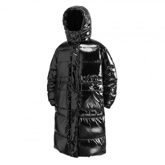 Damen langer glänzender gesteppter Puffer-Mantel mit Kapuze, Utility-Taschen und Oversize-Silhouette Shop Nory