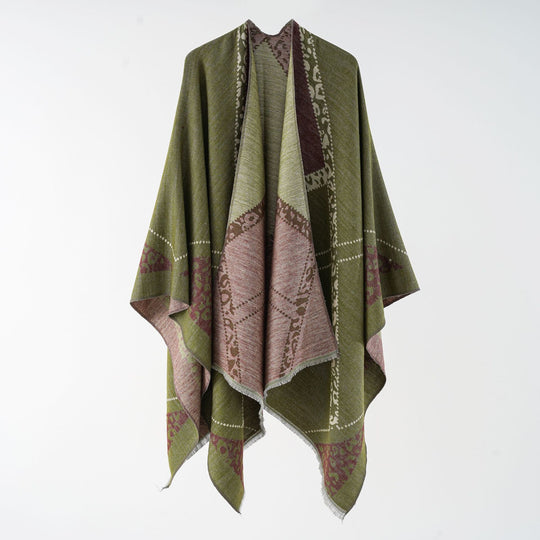 Damen Oversize Cape-Überwurf mit jacquardgewebten Patchmotiven und Fransensaum Shop Nory
