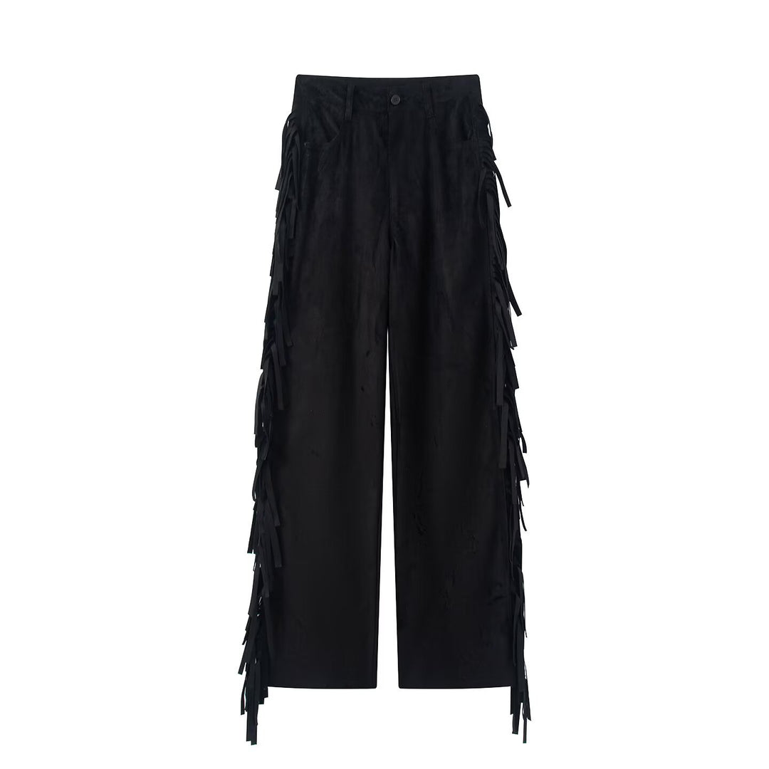 Damen Weite Highwaist-Hose mit seitlichen Fransen und weitem Bein Shop Nory