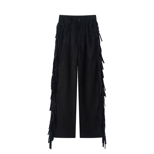 Damen Weite Highwaist-Hose mit seitlichen Fransen und weitem Bein Shop Nory