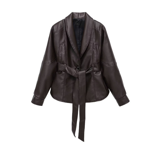 Damen Kurzjacke aus veganer Lederoptik mit Taillengürtel und Schalkragen Shop Nory