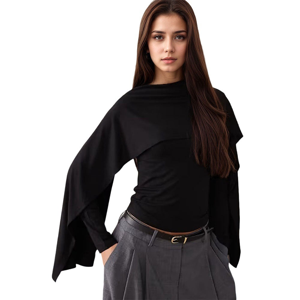 Damen asymmetrisches Cape-Longsleeve mit hohem Kragen und fließendem Overlay Shop Nory